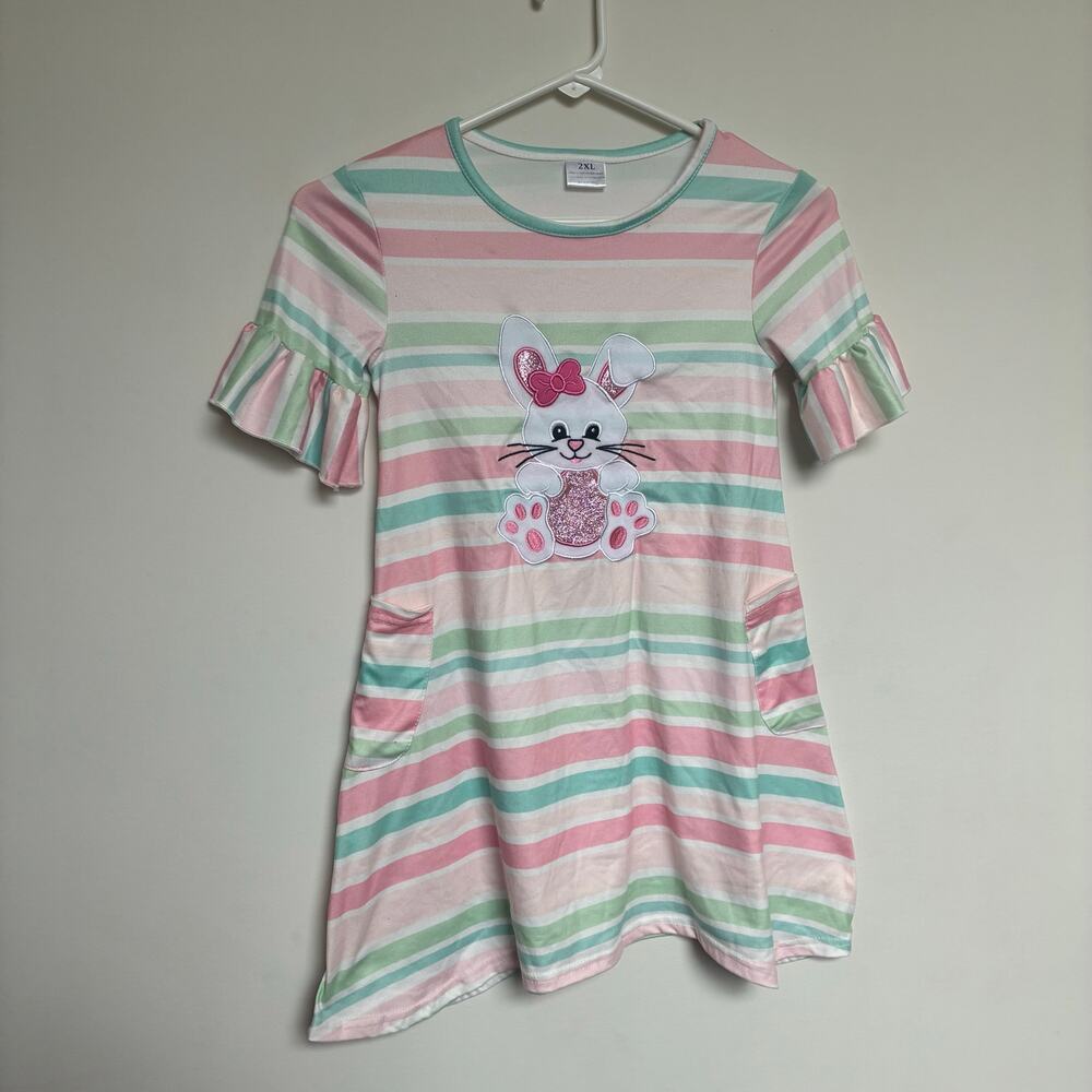 Girls Easter Bunny Striped Dress Pink Green Ruffle Sleeve Size 2XL